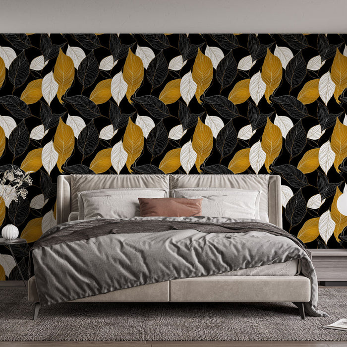 Une chambre moderne avec un papier peint aux motifs de feuilles stylisées en noir, blanc et jaune sur fond noir, créant une ambiance élégante et chaleureuse.