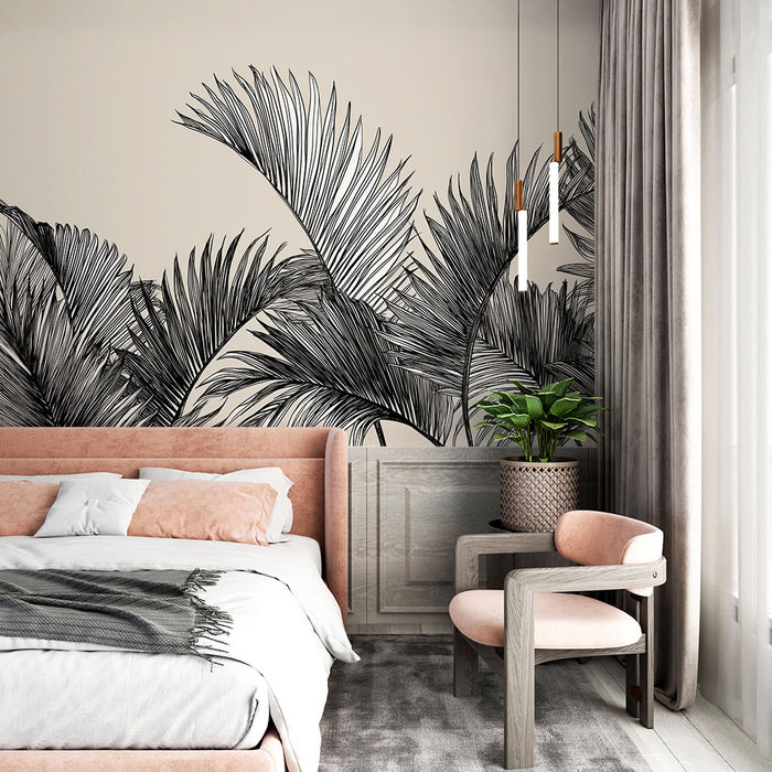 Papier peint feuillage noir | Motifs de palmiers stylisés sur fond beige
