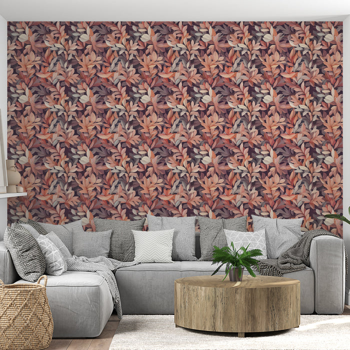 Un salon chaleureux avec un papier peint floral aux teintes mauves et terracotta, évoquant une ambiance naturelle et accueillante.