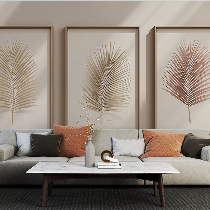 Un salon moderne avec un papier peint aux teintes neutres mettant en valeur des feuilles stylisées dans des cadres, créant une ambiance apaisante et élégante.