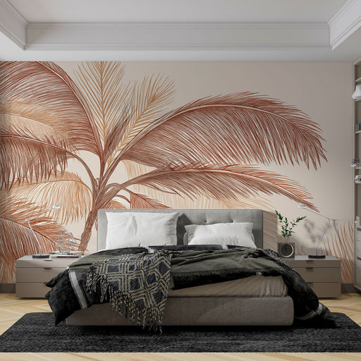 Une chambre moderne avec un papier peint représentant de grandes feuilles de palmier en teintes cuivrées sur fond beige, créant une atmosphère chaleureuse et apaisante.