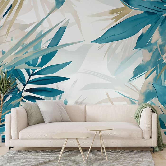 Un salon moderne avec un papier peint tropical aux grandes feuilles turquoise et beige sur fond clair, créant une ambiance apaisante et rafraîchissante.