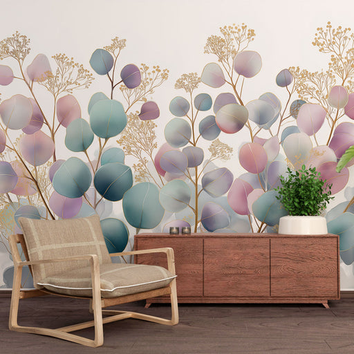 Une pièce moderne avec un papier peint floral aux teintes pastel et dorées, évoquant une ambiance douce et apaisante.