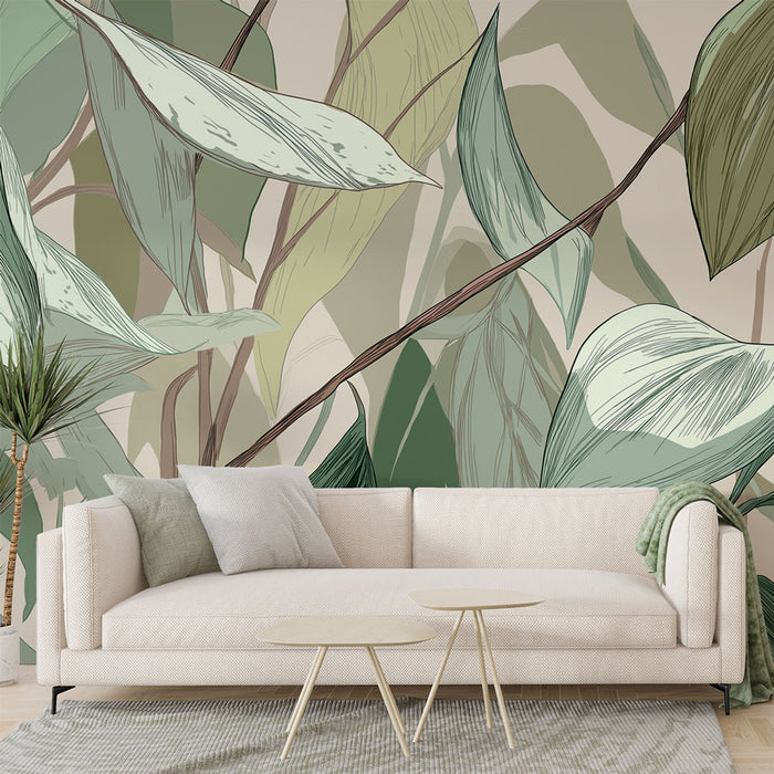 Un salon moderne avec un papier peint représentant de grandes feuilles stylisées dans des teintes vertes et beige, créant une atmosphère naturelle et apaisante.