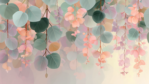 Papier peint feuillage pastel Feuilles douces dans des teintes rose et vert tendre