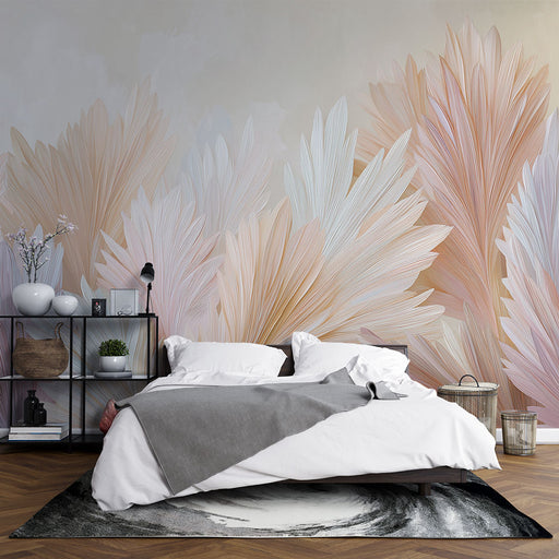 Une chambre moderne avec un papier peint aux motifs de grandes feuilles pastel, créant une atmosphère douce et apaisante.