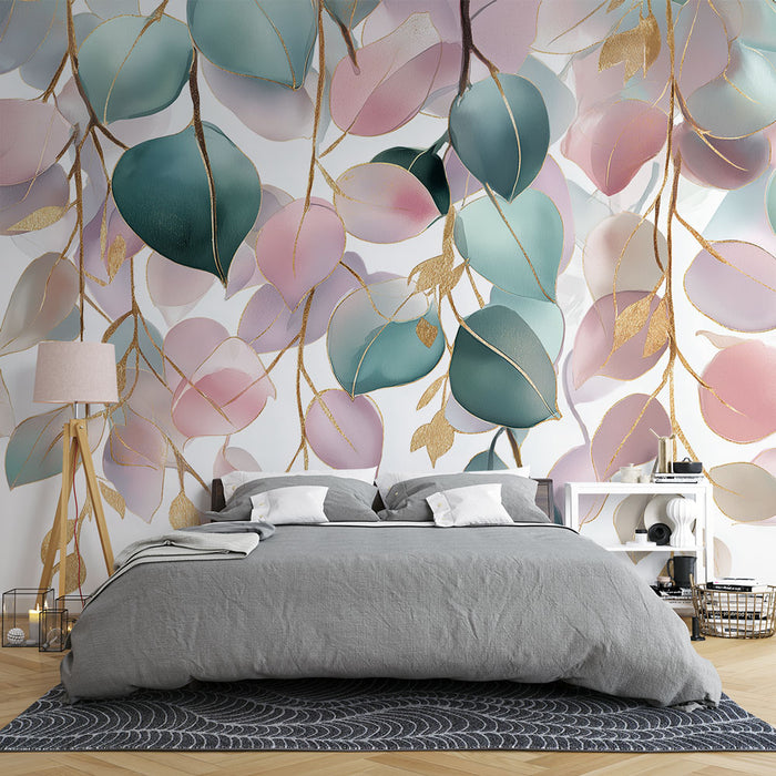 Une chambre moderne avec un papier peint floral aux feuilles délicates dans des teintes pastel, créant une atmosphère douce et apaisante.