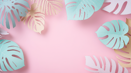 Papier peint feuillage pastel Grandes feuilles colorées sur fond rose