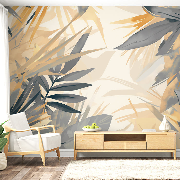 Une pièce lumineuse avec un papier peint tropical aux grandes feuilles dans des teintes douces de beige, vert et doré, créant une atmosphère apaisante et naturelle.