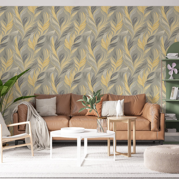 Un salon moderne avec un papier peint aux motifs de feuilles stylisées dans des teintes jaunes et grises, créant une atmosphère chaleureuse et accueillante.