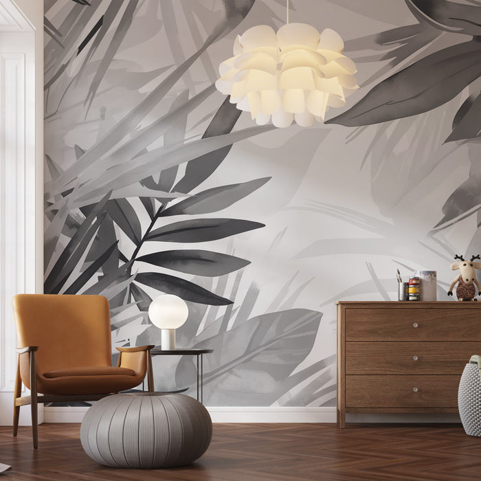 Une pièce moderne avec un papier peint monochrome représentant des feuilles stylisées en nuances de gris, créant une atmosphère élégante et apaisante.