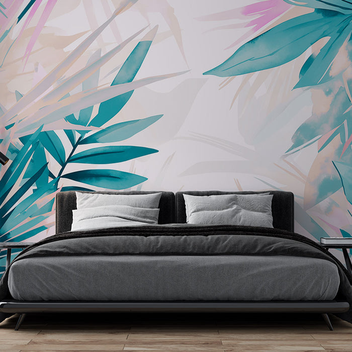 Une chambre moderne avec un papier peint tropical aux grandes feuilles aquatiques turquoise et roses sur fond clair, créant une atmosphère apaisante et vivifiante.