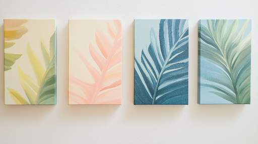 Papier peint feuillage Quatre panneaux muraux aux teintes pastel et motifs de feuilles