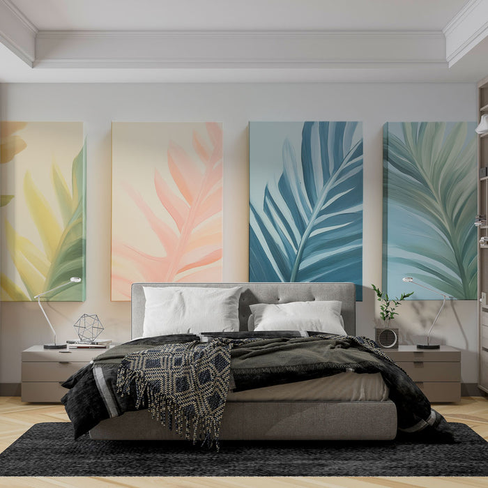 Une chambre moderne avec un papier peint représentant de grandes feuilles tropicales aux teintes pastel, créant une atmosphère douce et apaisante.