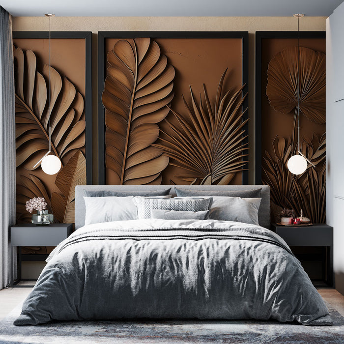 Une chambre moderne avec un papier peint en relief représentant des feuilles tropicales dans des teintes brunes, créant une ambiance chaleureuse et naturelle.