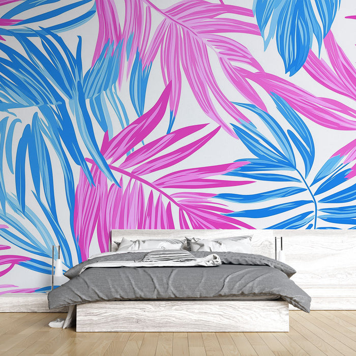 Papier peint feuillage rose et bleu | Feuilles tropicales vibrantes et dynamiques