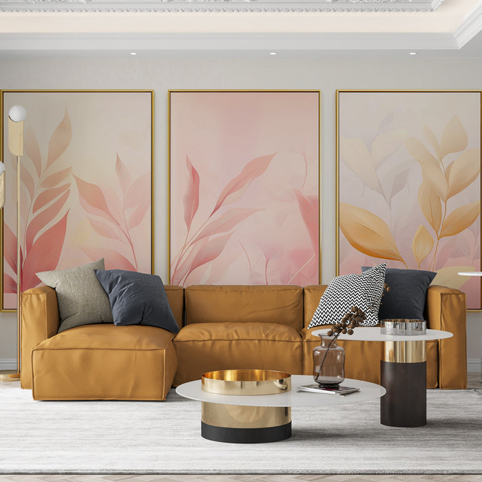Une pièce de salon élégante avec un papier peint aux motifs de feuilles délicates dans des teintes pastel, créant une atmosphère douce et apaisante.