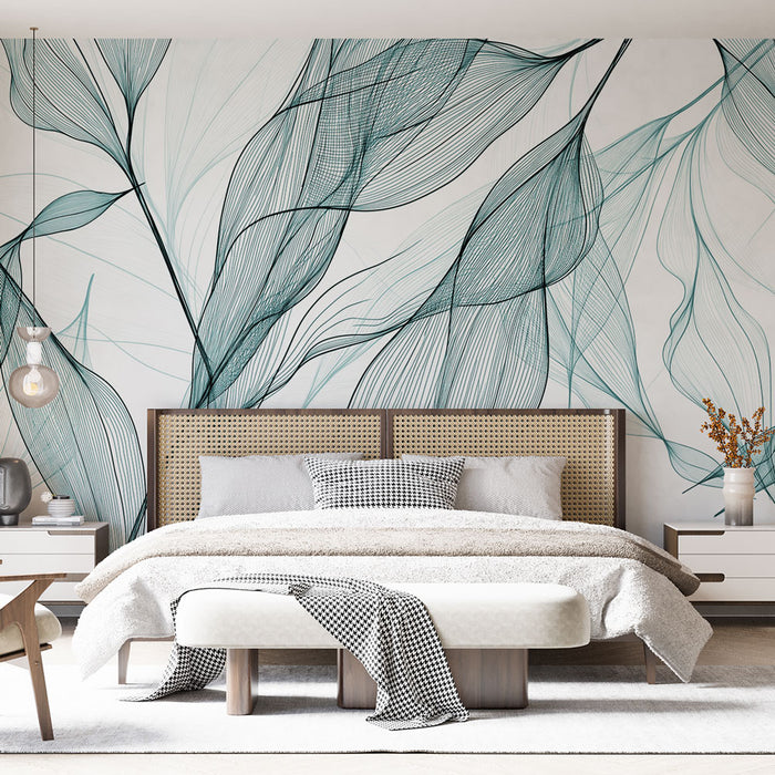 Une chambre moderne avec un papier peint aux motifs fluides de feuilles en lignes turquoise et noires sur fond clair, créant une atmosphère apaisante et élégante.