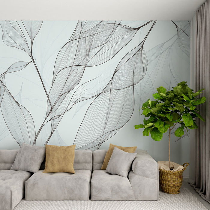 Un salon moderne avec un papier peint aux motifs abstraits de lignes fluides noires sur fond bleu clair, créant une atmosphère apaisante et élégante.