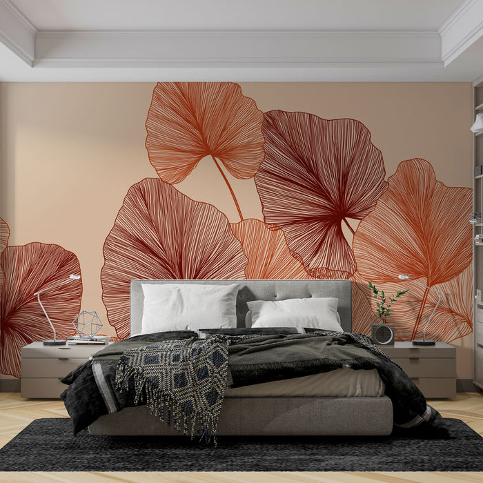 Une chambre moderne avec un papier peint représentant de grandes feuilles stylisées en rouge et orange sur fond beige, créant une ambiance chaleureuse et accueillante.