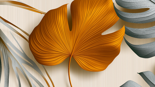 Papier peint feuillage stylisé Grande feuille orange avec des feuilles grises et un fond texturé