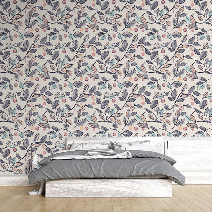 Une chambre moderne avec un papier peint floral aux motifs de feuilles et de baies dans des teintes douces, créant une atmosphère apaisante et accueillante.