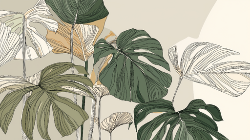 Papier peint feuillage stylisé Motif de feuilles exotiques aux lignes délicates