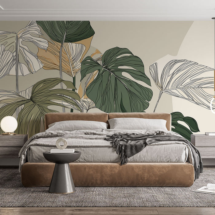 Papier peint feuillage stylisé | Motif de feuilles exotiques aux lignes délicates