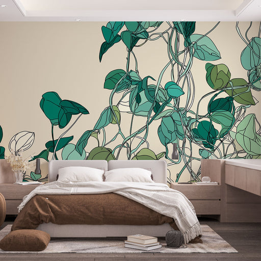 Une chambre moderne avec un papier peint représentant des feuilles stylisées en vert sur fond beige, créant une atmosphère apaisante et naturelle.