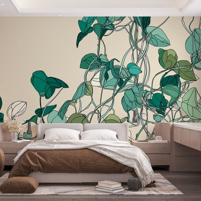 Une chambre moderne avec un papier peint représentant des feuilles stylisées en vert sur fond beige, créant une atmosphère apaisante et naturelle.