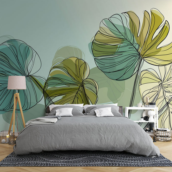 Une chambre moderne avec un papier peint aux grandes feuilles stylisées dans des teintes vertes et jaunes sur fond pastel, créant une atmosphère apaisante et naturelle.