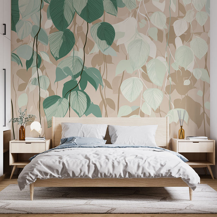 Papier peint feuillage suspendu | Feuilles délicates de teintes vertes et beige