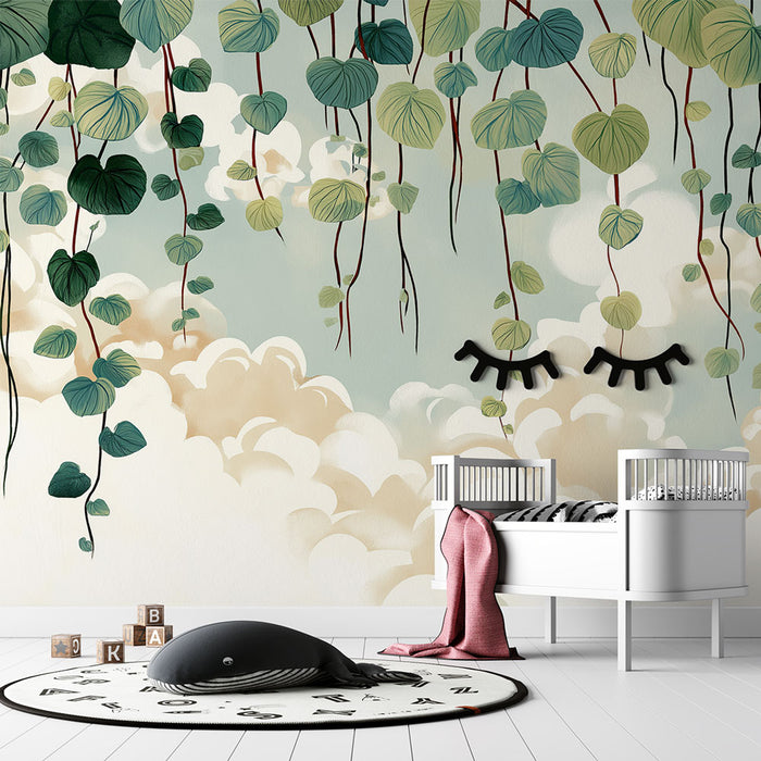 Une chambre d'enfant avec un papier peint illustrant des feuilles suspendues sur un fond bleu et nuageux, créant une atmosphère douce et apaisante.
