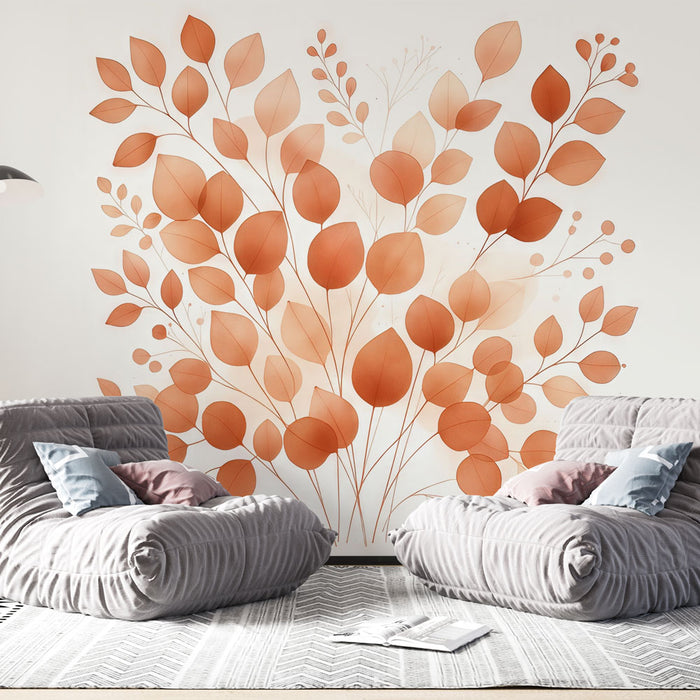 Un salon moderne avec un papier peint aux motifs de feuilles dans des tons orangés, créant une ambiance chaleureuse et accueillante.