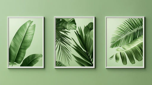Papier peint feuillage Trio de feuilles tropicales sur fond vert apaisant