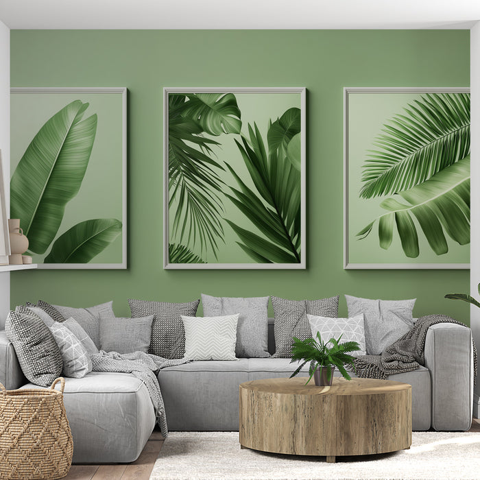 Un salon moderne avec un papier peint vert doux illustrant de grandes feuilles tropicales, créant une atmosphère fraîche et apaisante.