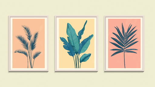 Papier peint feuillage Trio de plantes aux couleurs vives sur fond pastel