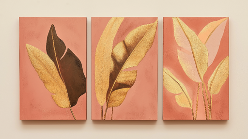 Papier peint feuillage Trois toiles avec feuilles dorées sur fond pêche