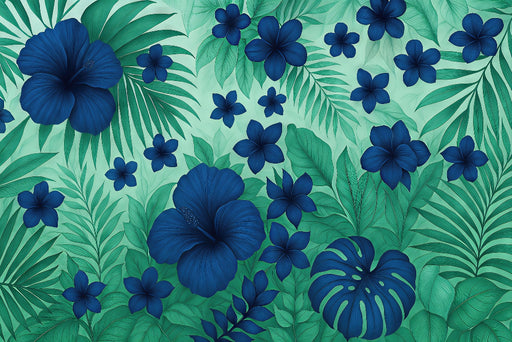 Papier peint tropical aux motifs de grandes fleurs bleu marine et de feuillages verts, créant une ambiance fraîche et exotique.