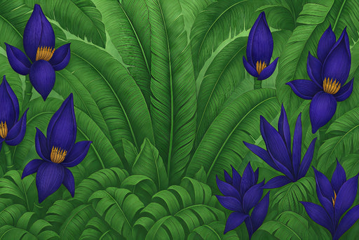Papier peint tropical vibrant avec de grandes feuilles vertes et des fleurs violettes aux touches dorées, créant une ambiance exotique et vivifiante.