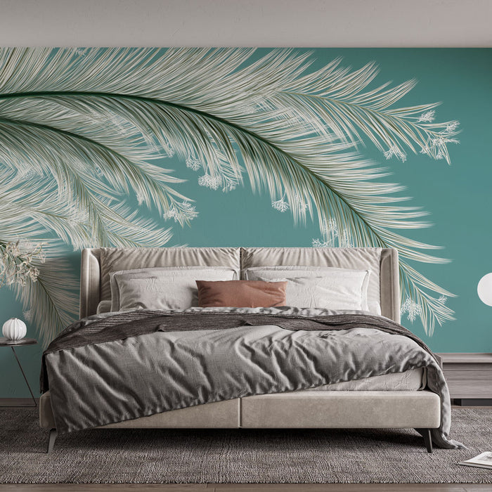 Une chambre moderne avec un papier peint tropical turquoise illustrant de grandes feuilles de palmier blanches, créant une ambiance apaisante et naturelle.
