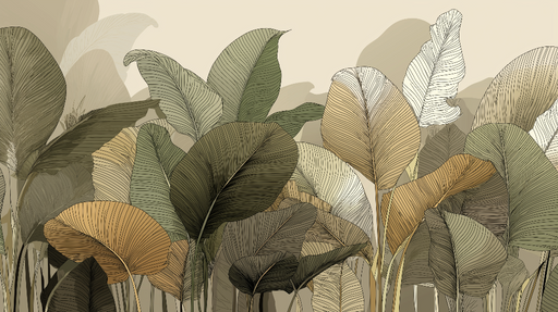 Papier peint feuillage tropical Design moderne aux feuilles graphiques en tons naturels