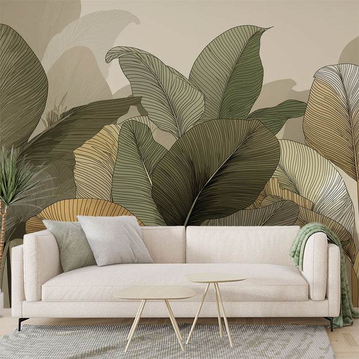 Papier peint feuillage tropical | Design moderne aux feuilles graphiques en tons naturels