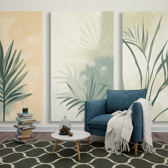 Une pièce cosy avec un papier peint tropical aux teintes douces, représentant des feuillages délicats dans des nuances de vert et beige.