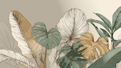 Papier peint feuillage tropical Élégantes feuilles graphiques aux nuances naturelles