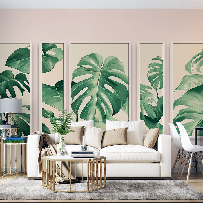 Un salon moderne avec un papier peint tropical représentant de grandes feuilles vertes sur fond beige, créant une atmosphère fraîche et accueillante.