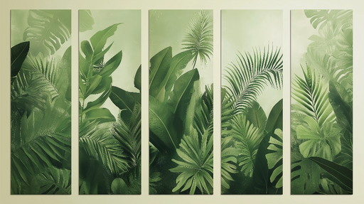Papier peint feuillage tropical Ensemble de cinq panneaux de feuillage verdoyant