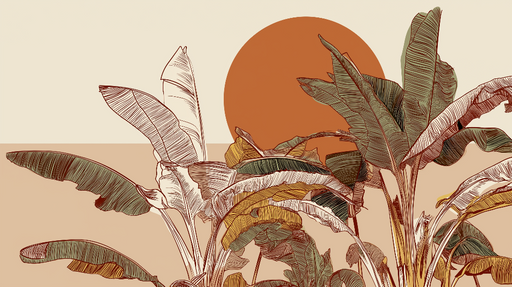 Papier peint feuillage tropical Feuilles avec un grand soleil ocre