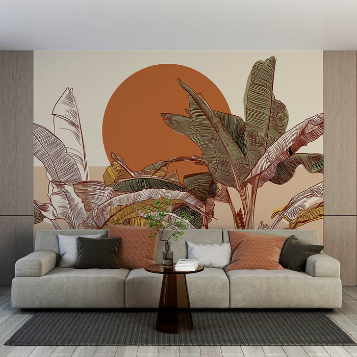 Papier peint feuillage tropical | Feuilles avec un grand soleil ocre