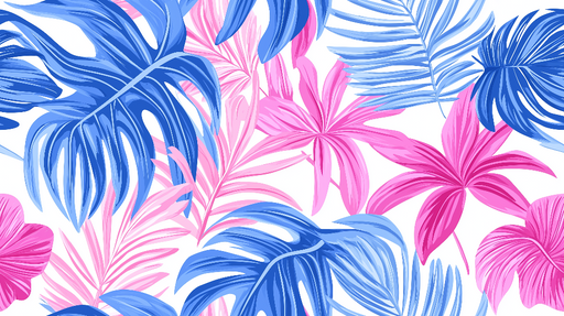 Papier peint feuillage tropical Feuilles bleues et roses sur fond blanc
